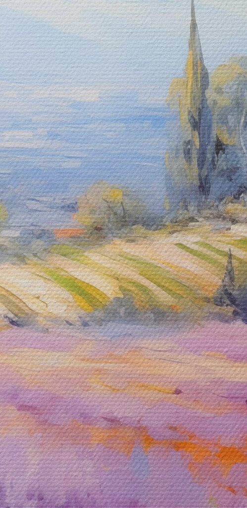Painting of a house in a lavender field