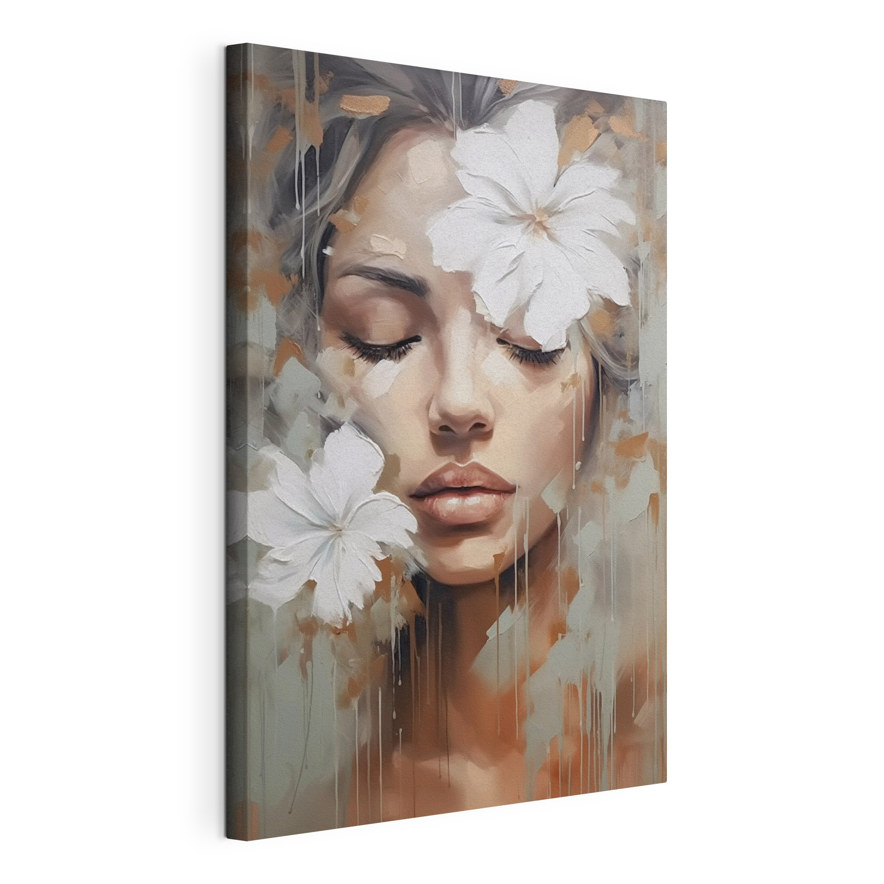 Painting of a woman with white flowers on her head Painting of a woman with white flowers on her head
