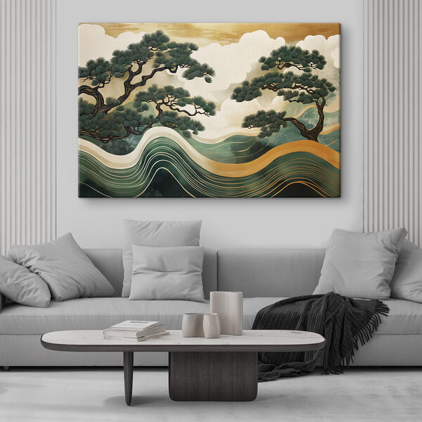 Painting of trees and waves