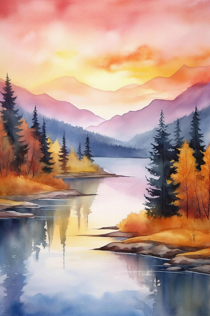 Watercolor painting of a lake surrounded by trees and mountains