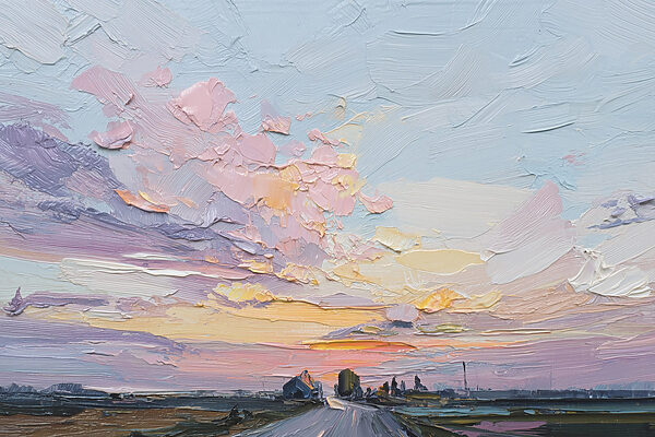 Painting of a road and buildings