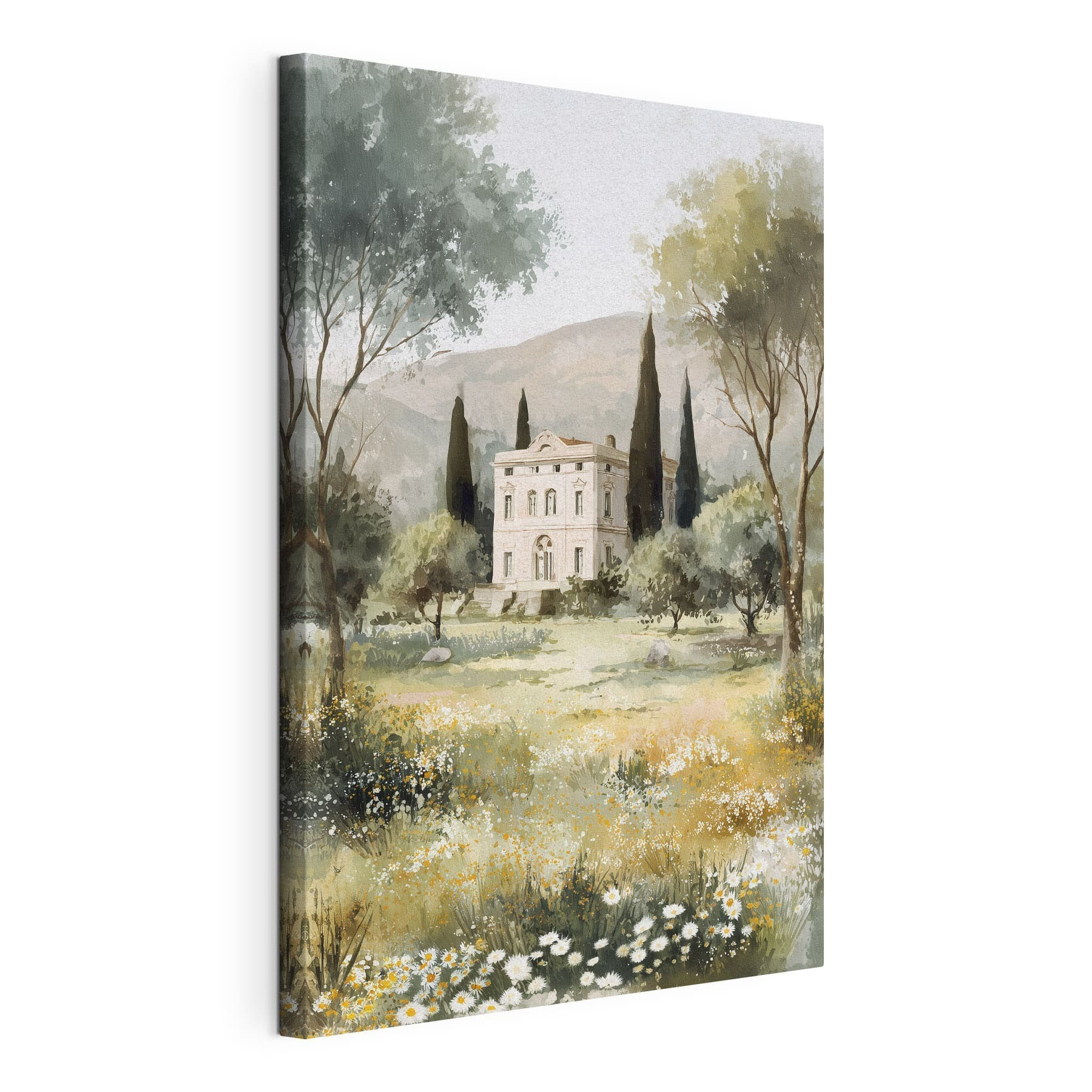 Painting of a house in a field of trees