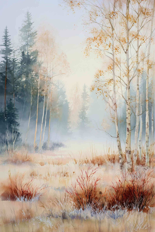 Painting of a forest with trees and fog