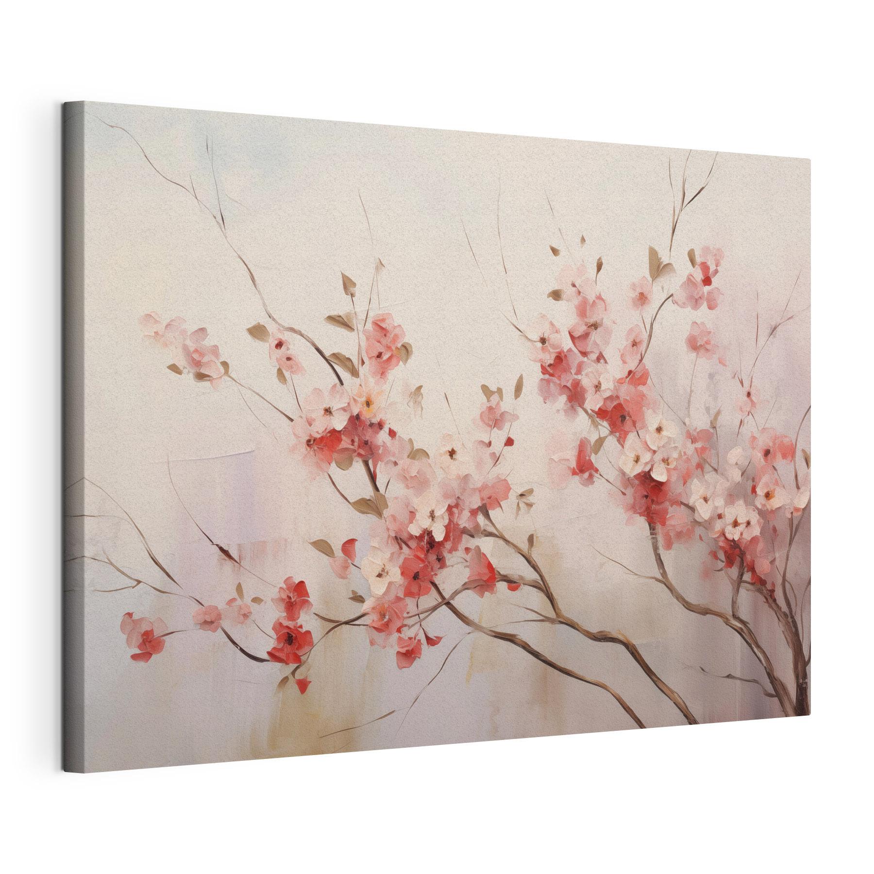 Painting of pink flowers on a branch