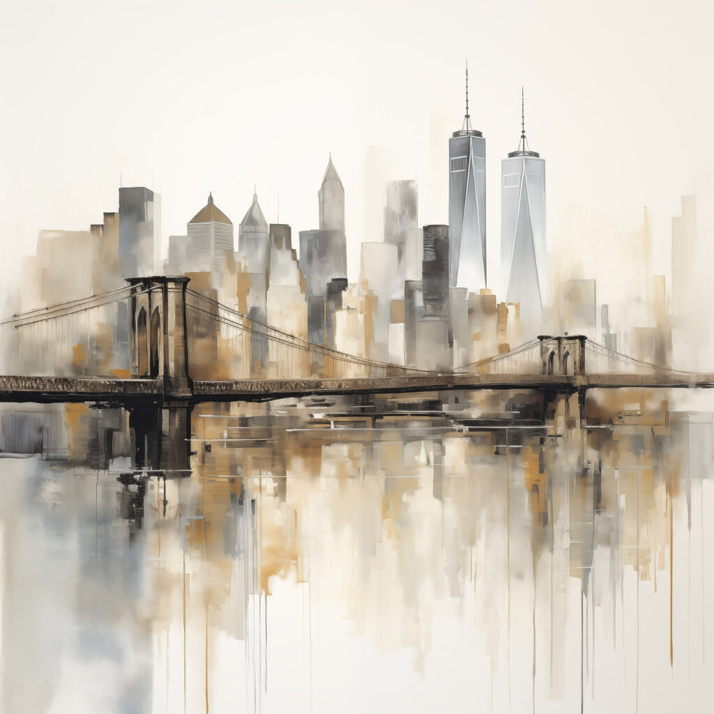 Bridge over water with city skyline in the background