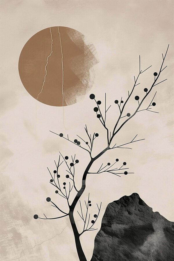 Tree and rock with a crack in the sun