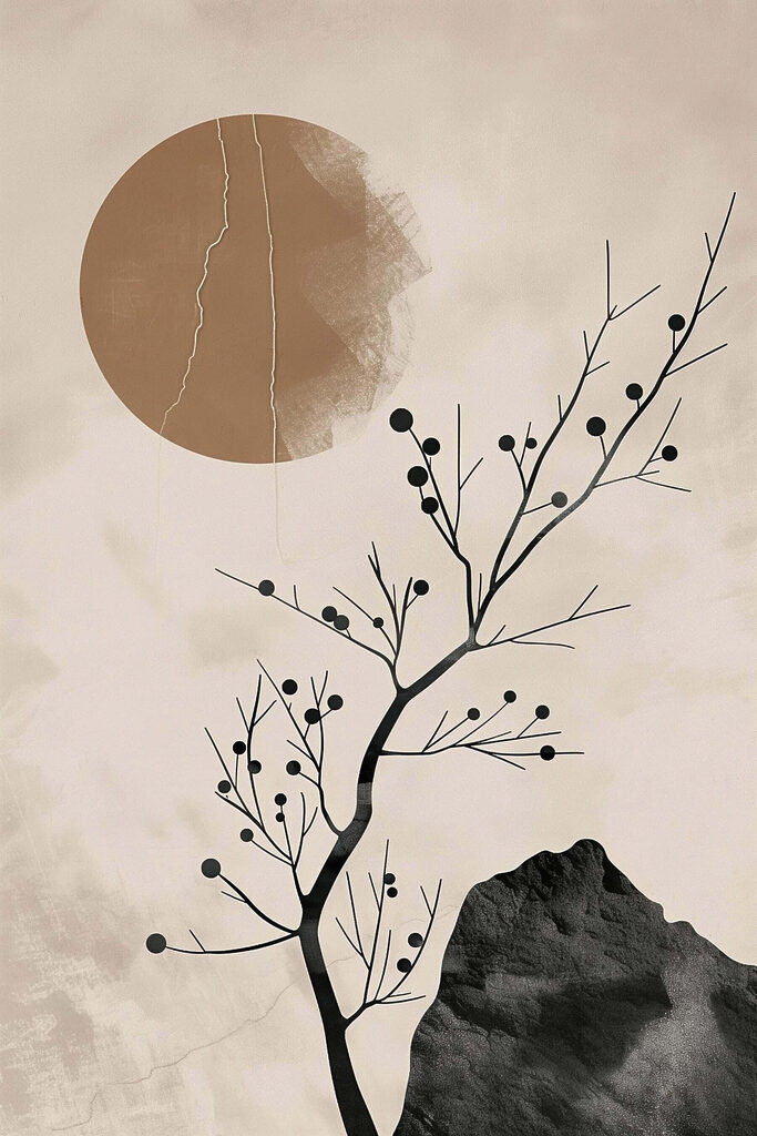 Tree and rock with a crack in the sun