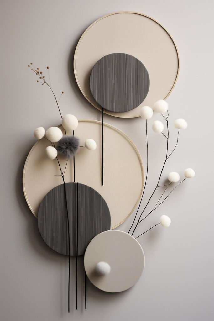 Wall decoration with round circles and white flowers