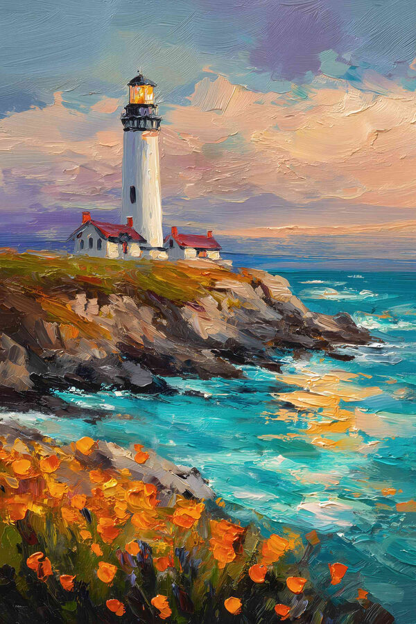 Painting of a lighthouse on a cliff by the ocean