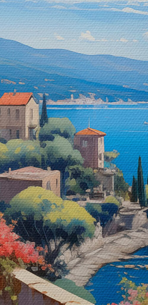 View of a town and the ocean from a balcony