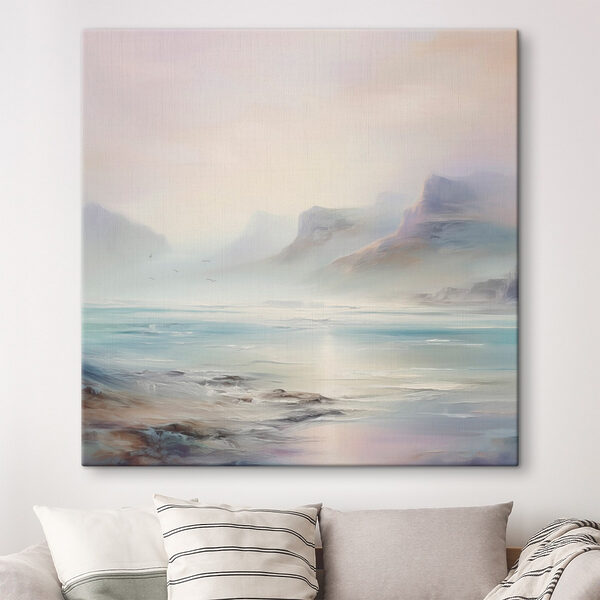 Painting of a landscape with mountains and water