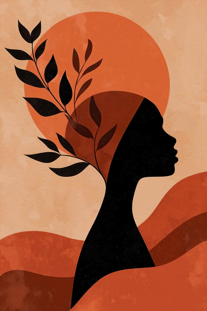 Silhouette of a woman with leaves on her head