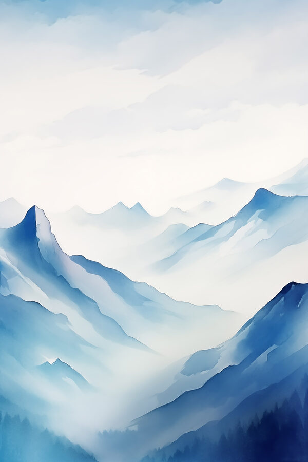 Painting of mountains and fog