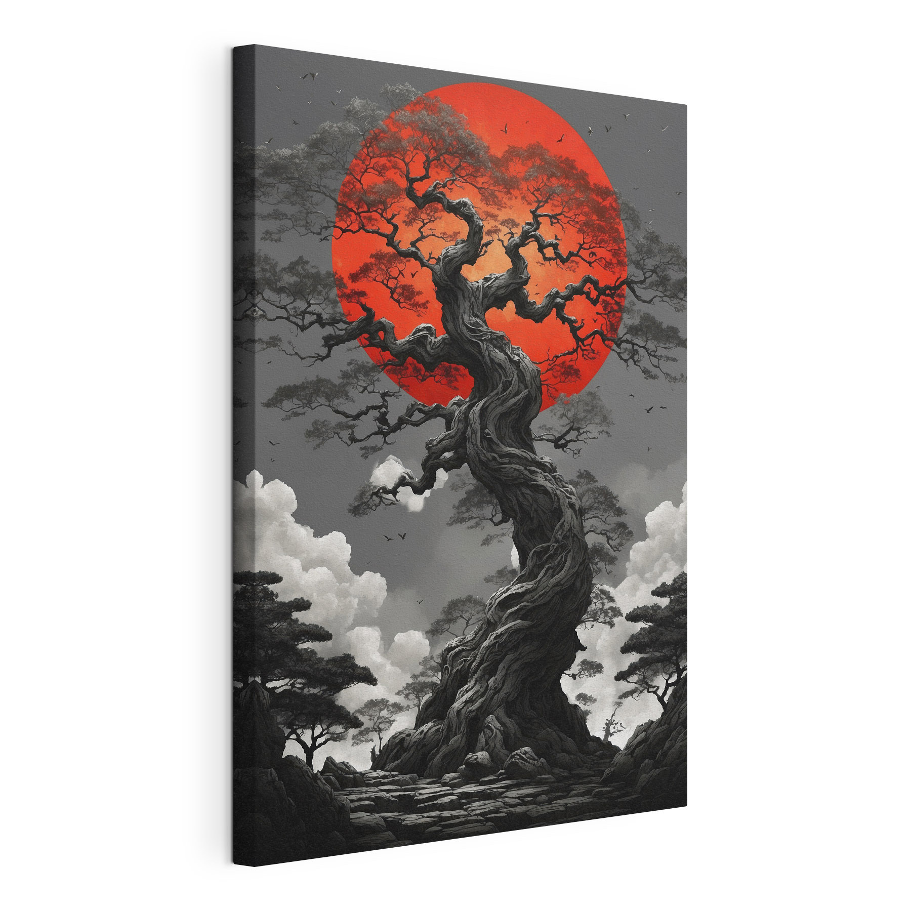 Tree with a red sun behind it Tree with a red sun behind it