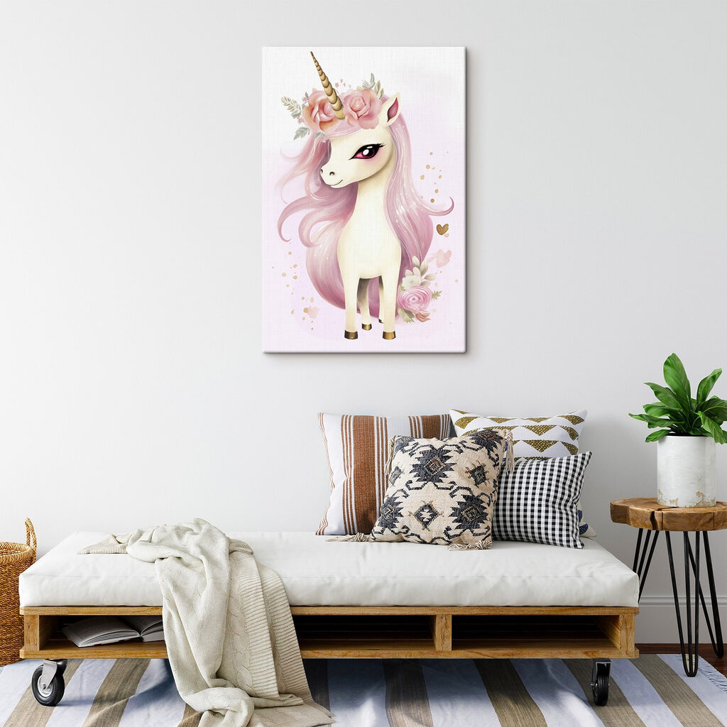 Unicorn with pink hair and flowers