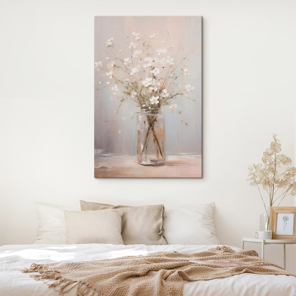 Painting of a vase with white flowers