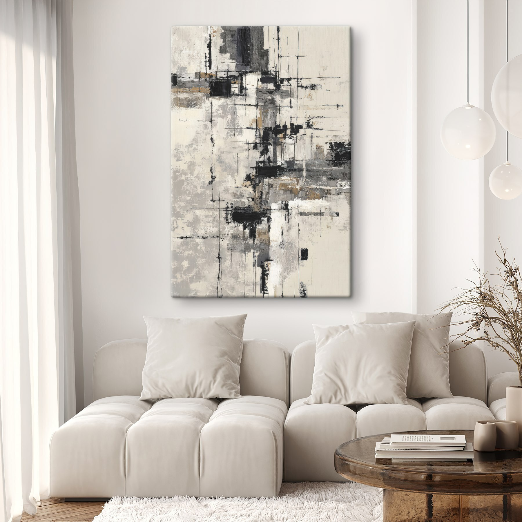 Painting of a white wall with black and white squares