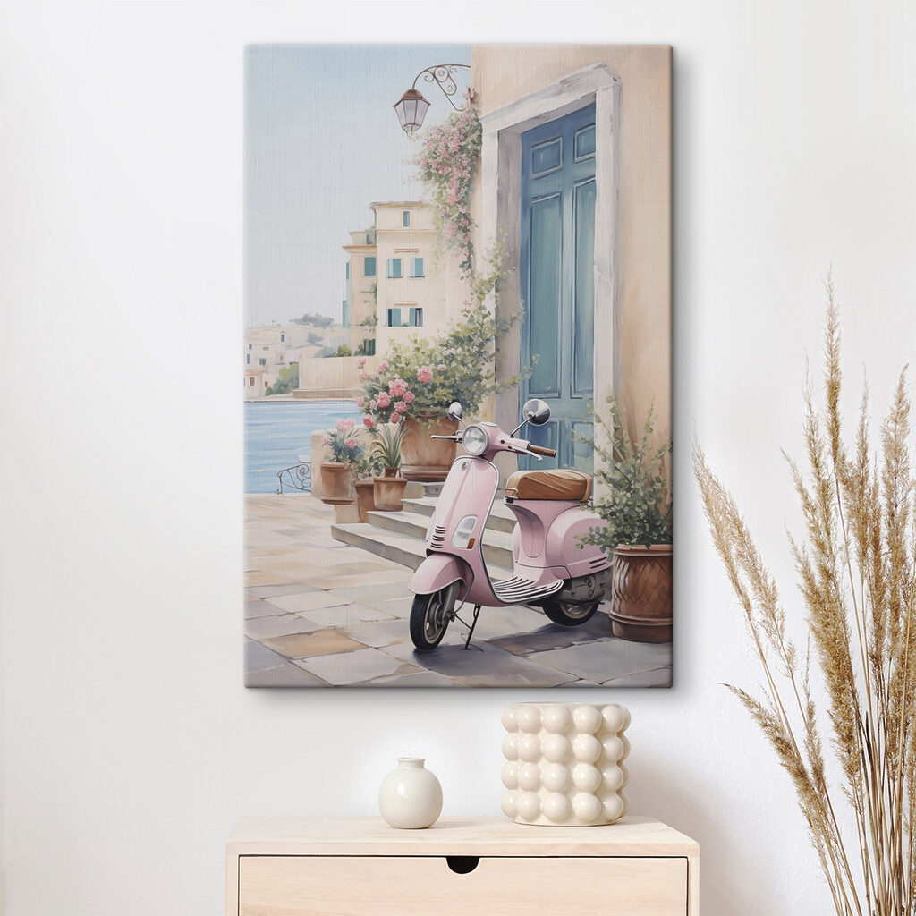 Pink scooter parked on a stone sidewalk next to a door