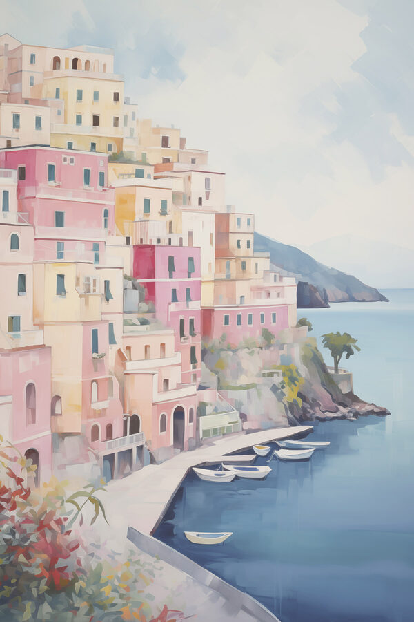 Painting of a colorful building on a hill next to a body of water