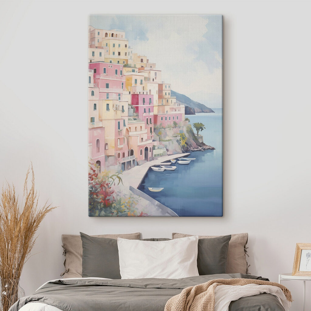 Painting of a colorful building on a hill next to a body of water