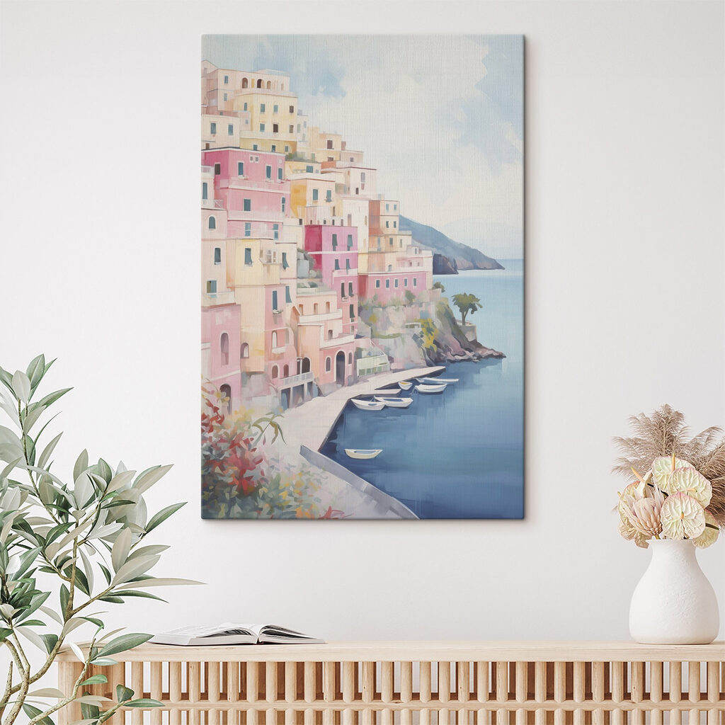 Painting of a colorful building on a hill next to a body of water