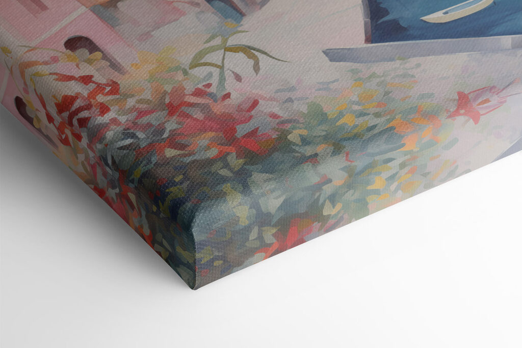 Painting of a colorful building on a hill next to a body of water