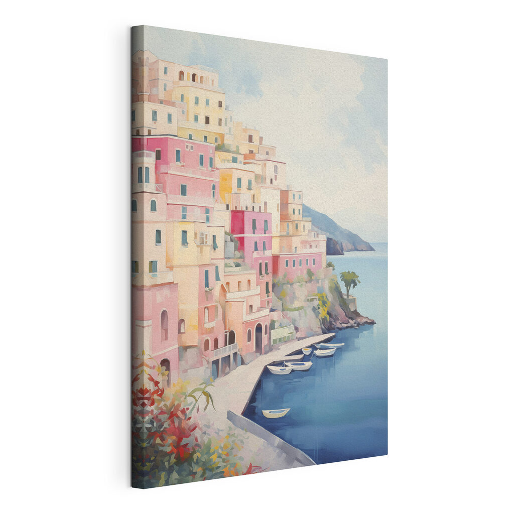 Painting of a colorful building on a hill next to a body of water
