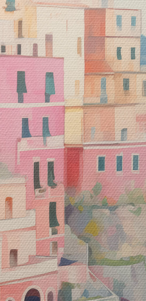 Painting of a colorful building on a hill next to a body of water