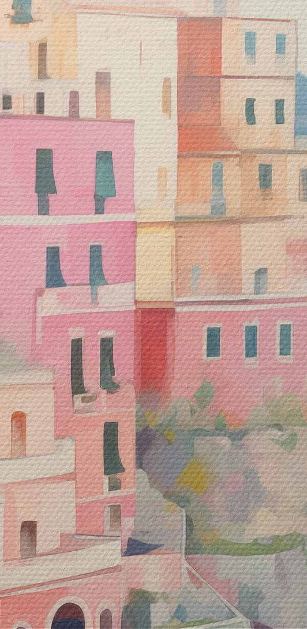 Painting of a colorful building on a hill next to a body of water