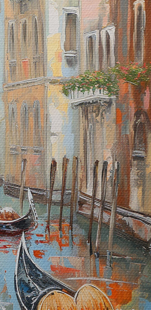 Painting of a canal with a gondola in the middle of a city Painting of a canal with a gondola in the middle of a city