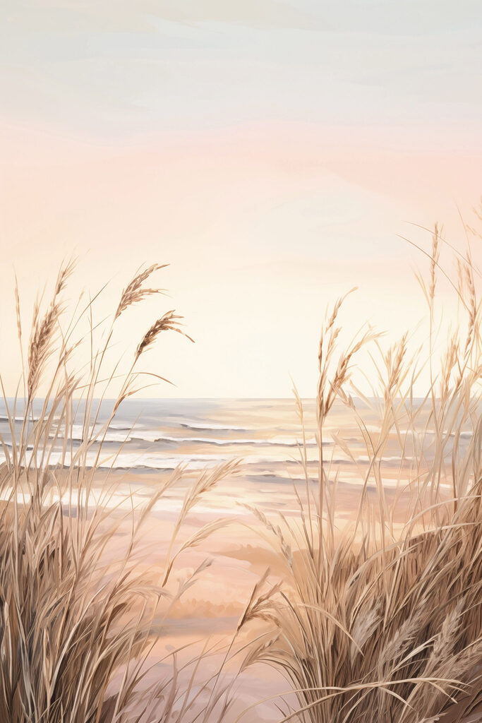 Beach with tall grass and water