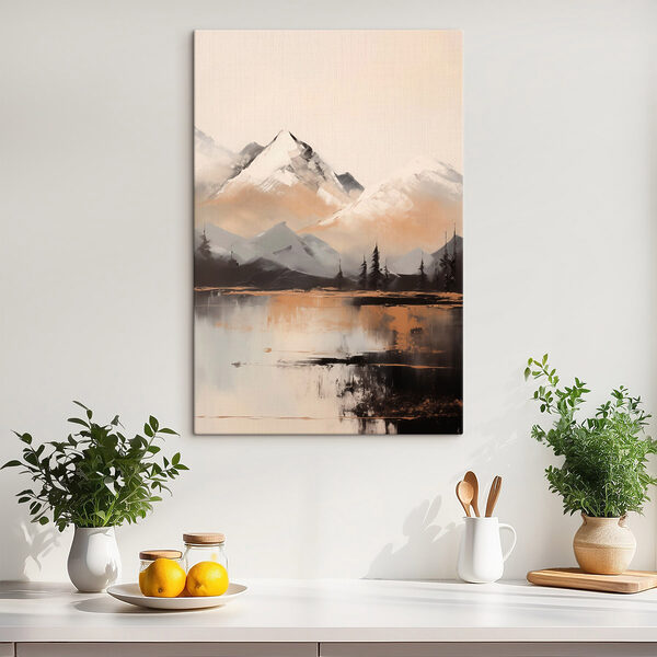 Painting of a mountain range and a lake