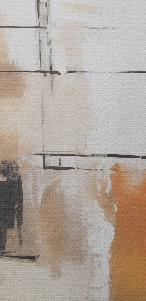 Painting of a white wall with black and brown squares
