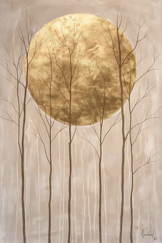 Painting of trees and a large moon