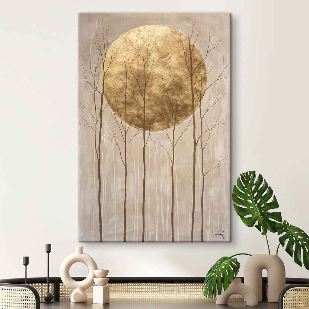Painting of trees and a large moon