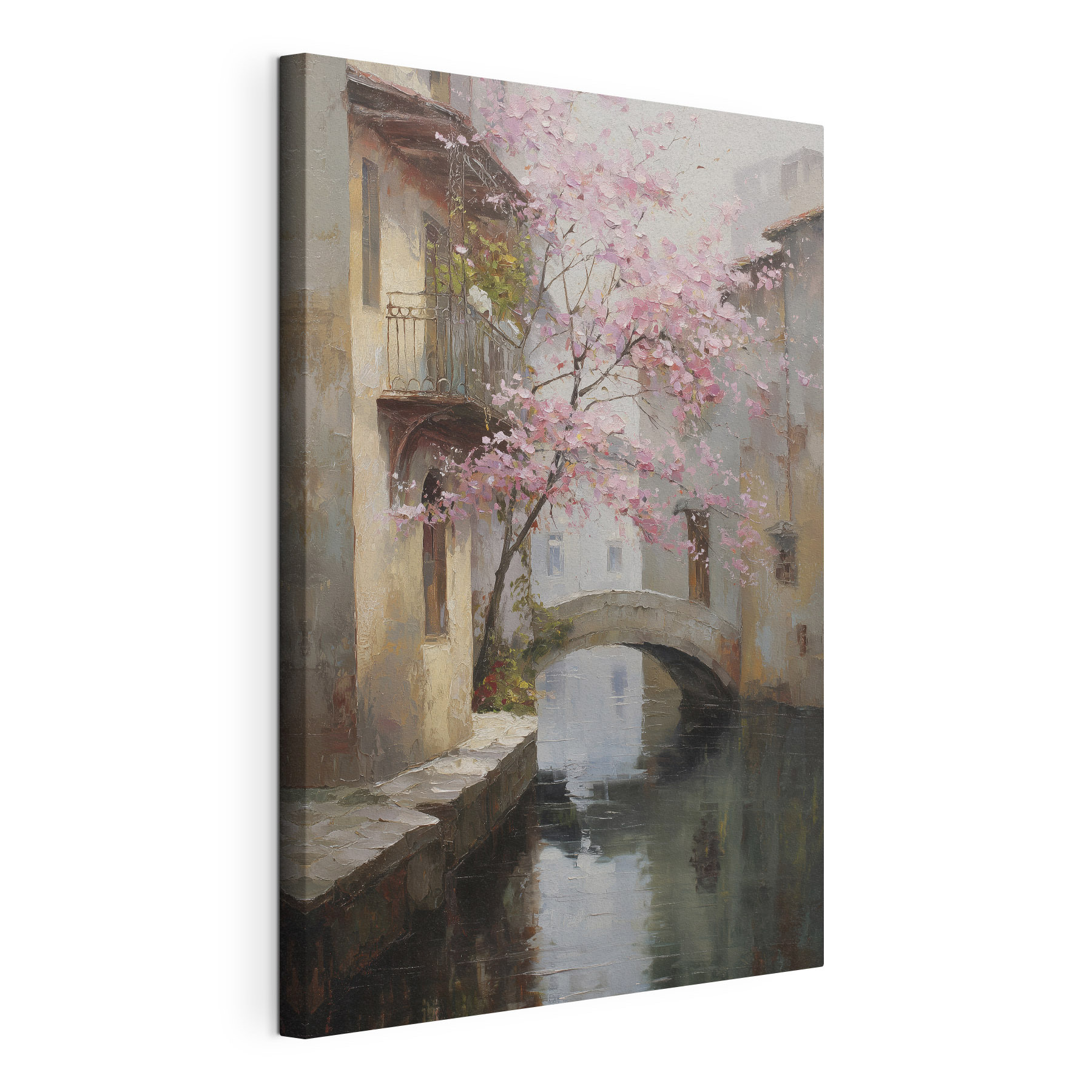 Painting of a river with a pink tree and a bridge