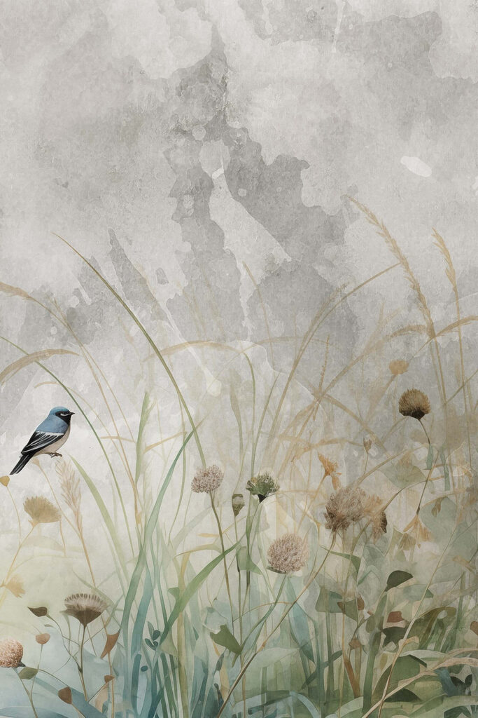 Bird on a branch in a field of grass