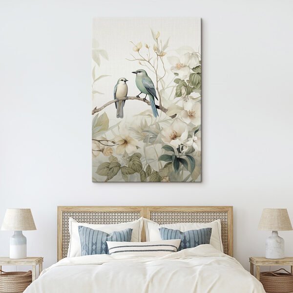 Two birds on a branch with flowers