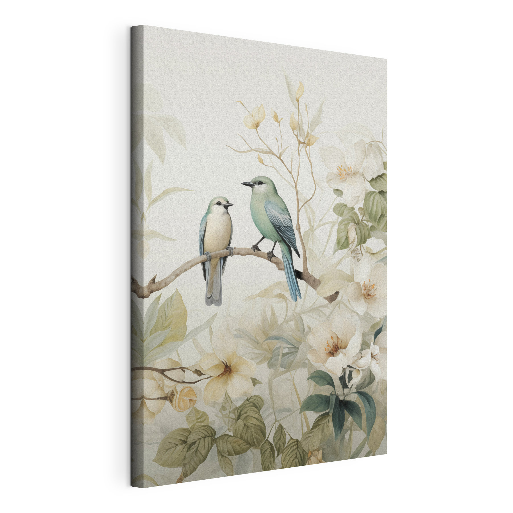 Two birds on a branch with flowers