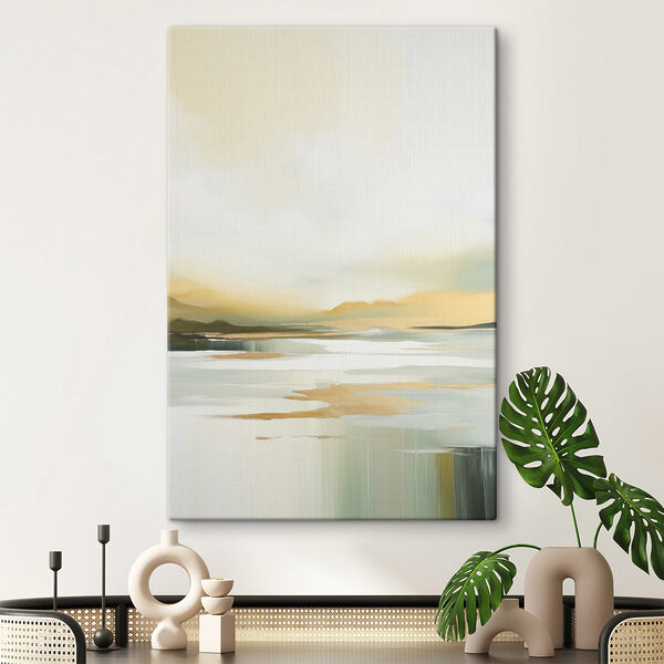 Painting of a lake with mountains in the background Painting of a lake with mountains in the background