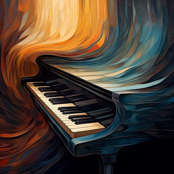 Piano with a colorful curtain Piano with a colorful curtain