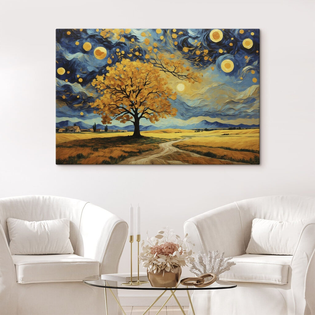 Painting of a tree in a field