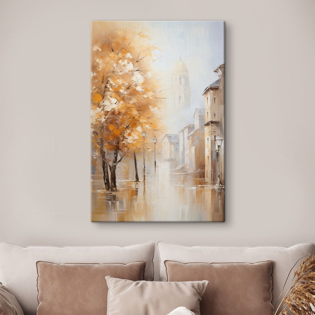 Painting of a street with trees and buildings in the background Painting of a street with trees and buildings in the background