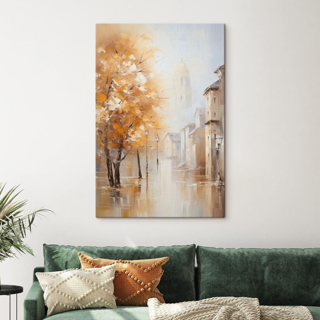 Painting of a street with trees and buildings in the background Painting of a street with trees and buildings in the background