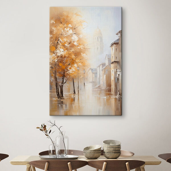 Painting of a street with trees and buildings in the background Painting of a street with trees and buildings in the background