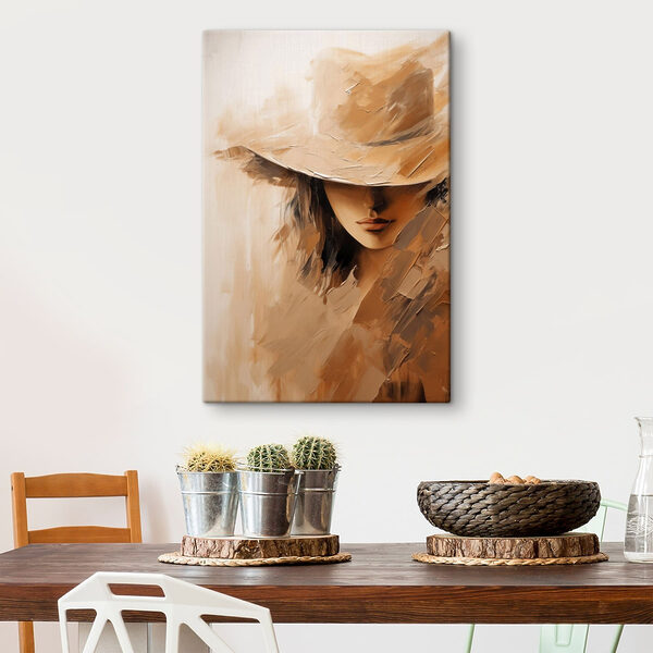 Painting of a woman's face with a hat Painting of a woman's face with a hat