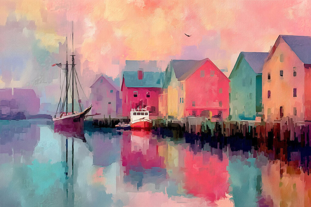 Colorful houses and a boat on the water