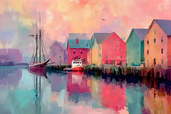 Colorful houses and a boat on the water