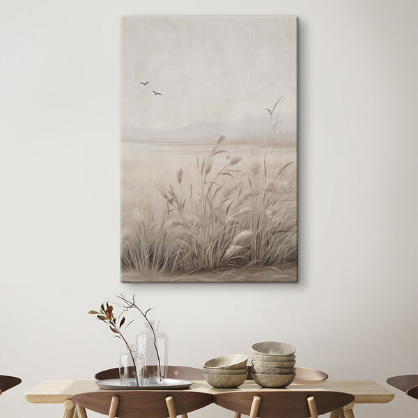 Painting of a field of grass and birds flying in the sky