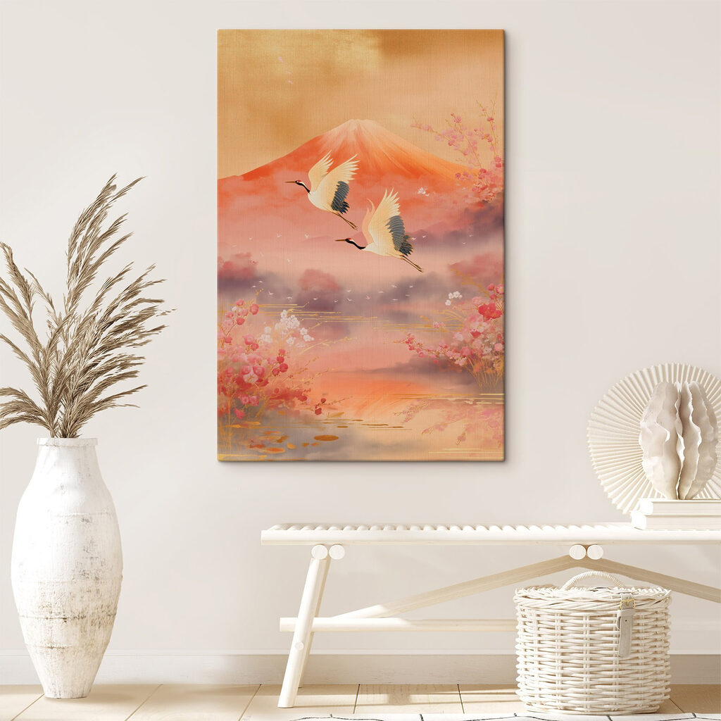 Painting of birds flying over a mountain Painting of birds flying over a mountain